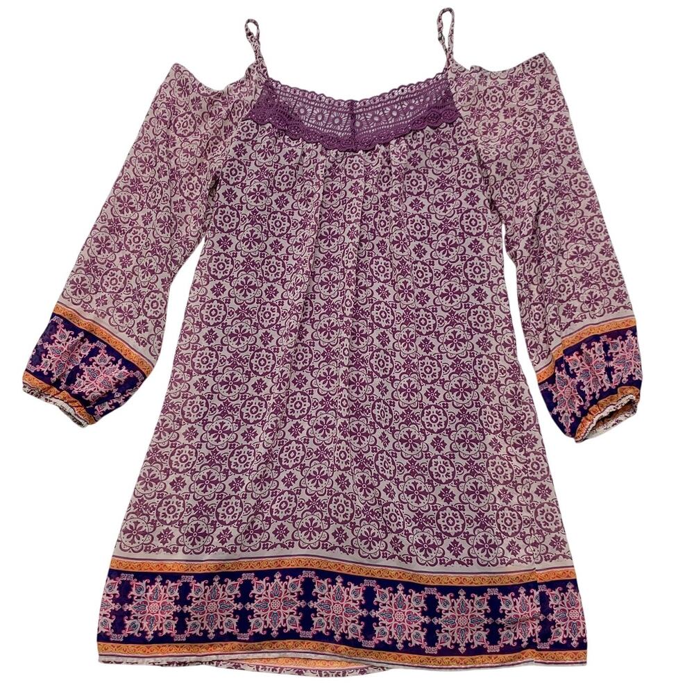 Xhilartion Womens Sz Small Peasant Dress Geometric Off Shoulder Lined Boho Hippy